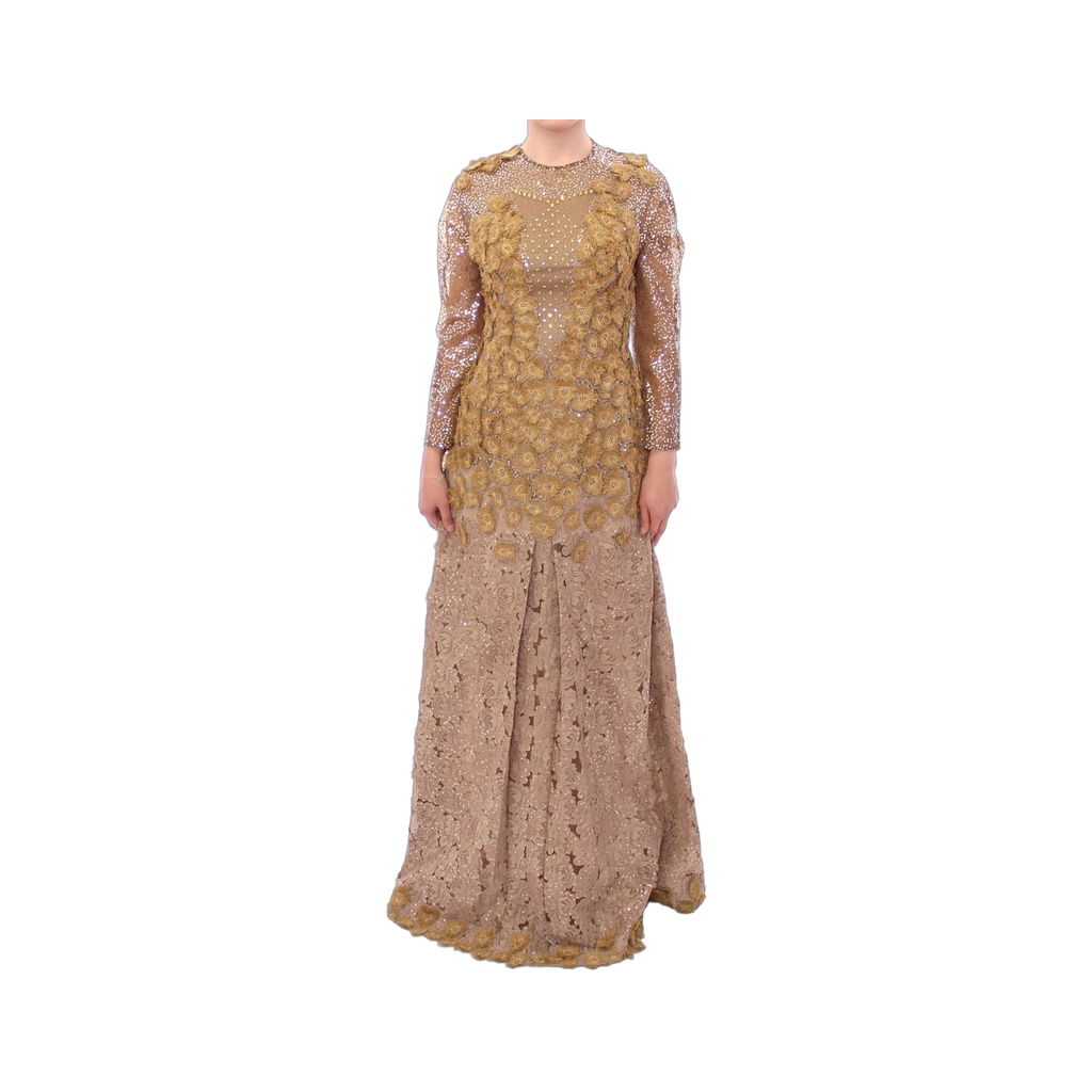 Exquisite Gold Lace Maxi Dress with Crystals