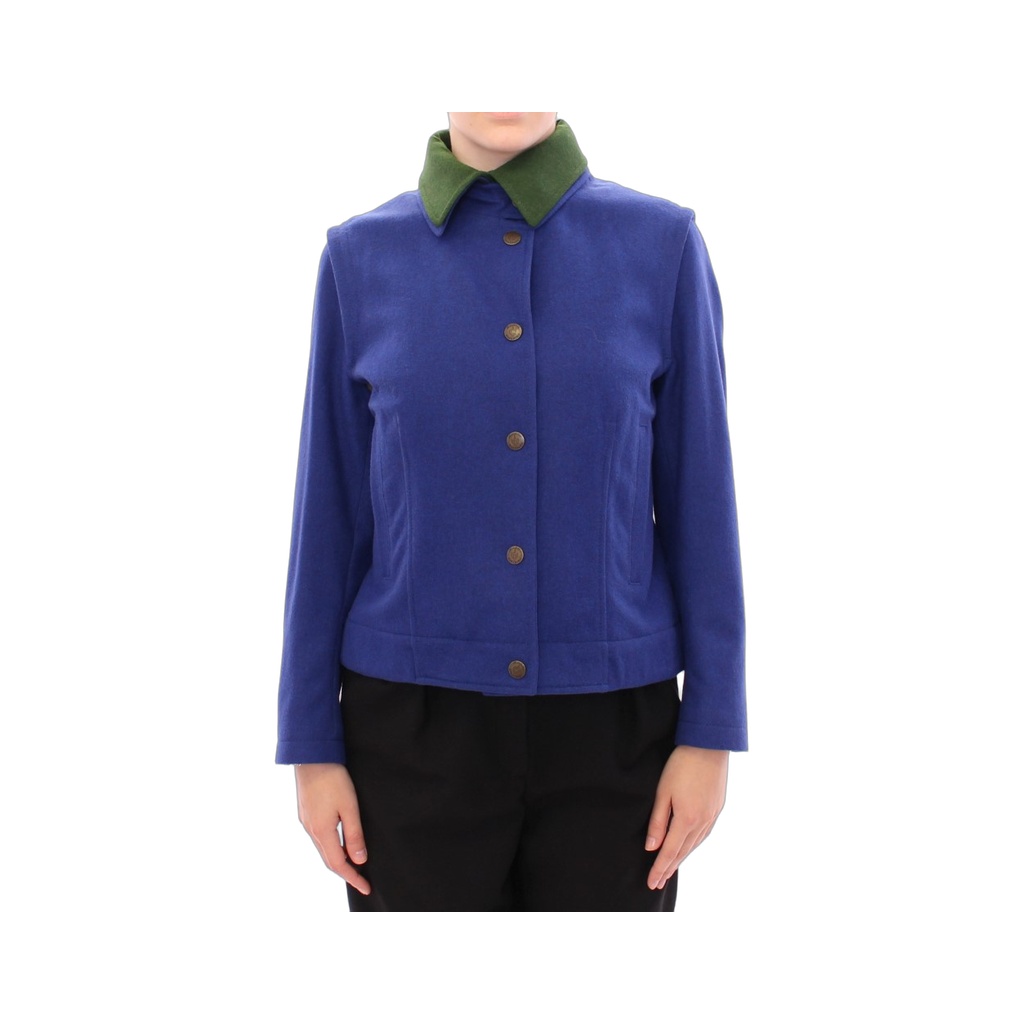Elegant Blue Wool Jacket with Removable Collar
