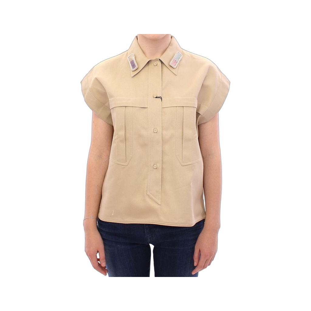 Sleeveless Beige Cotton Tank Top with Brooches