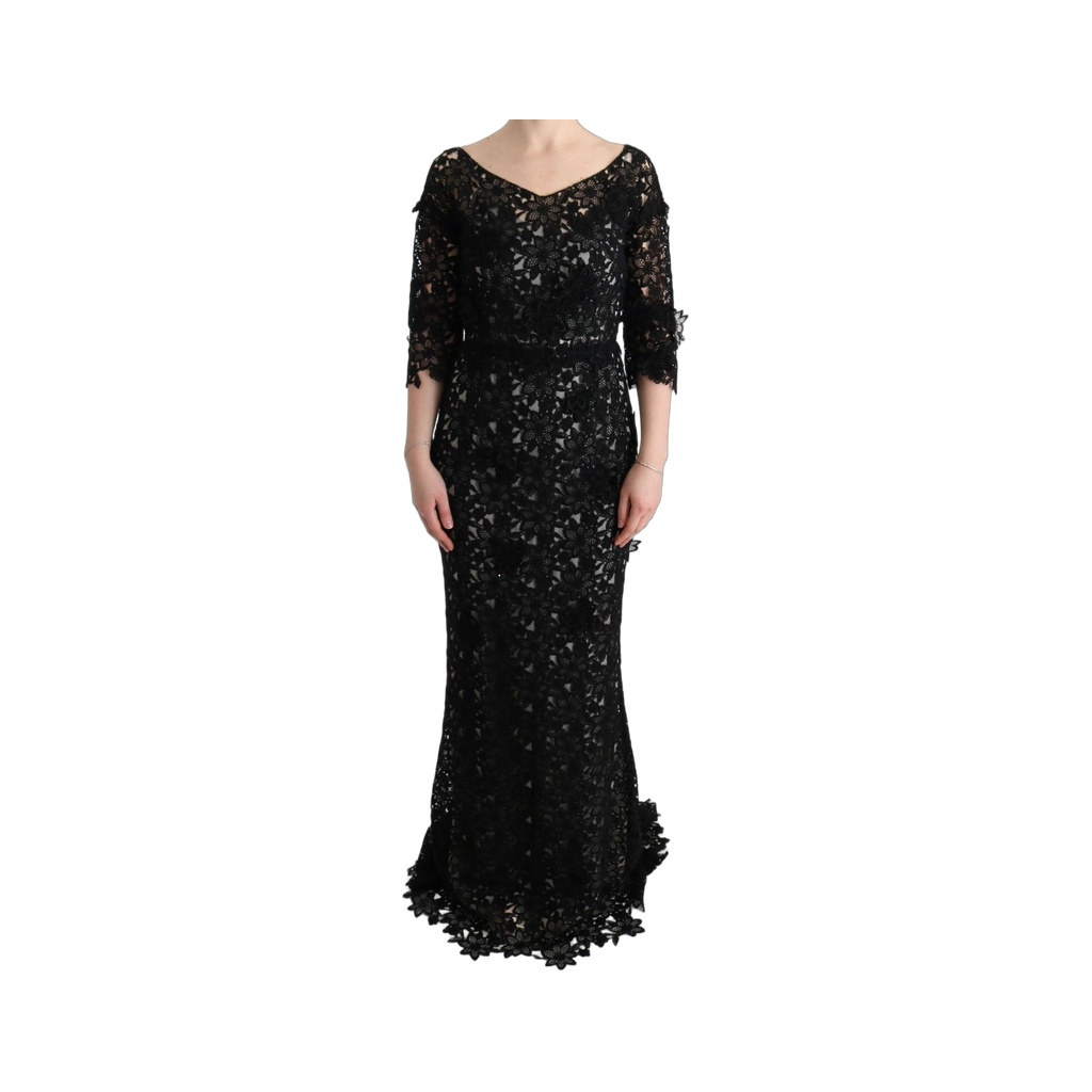 Elegant Black Maxi Shift Dress with Floral Applique