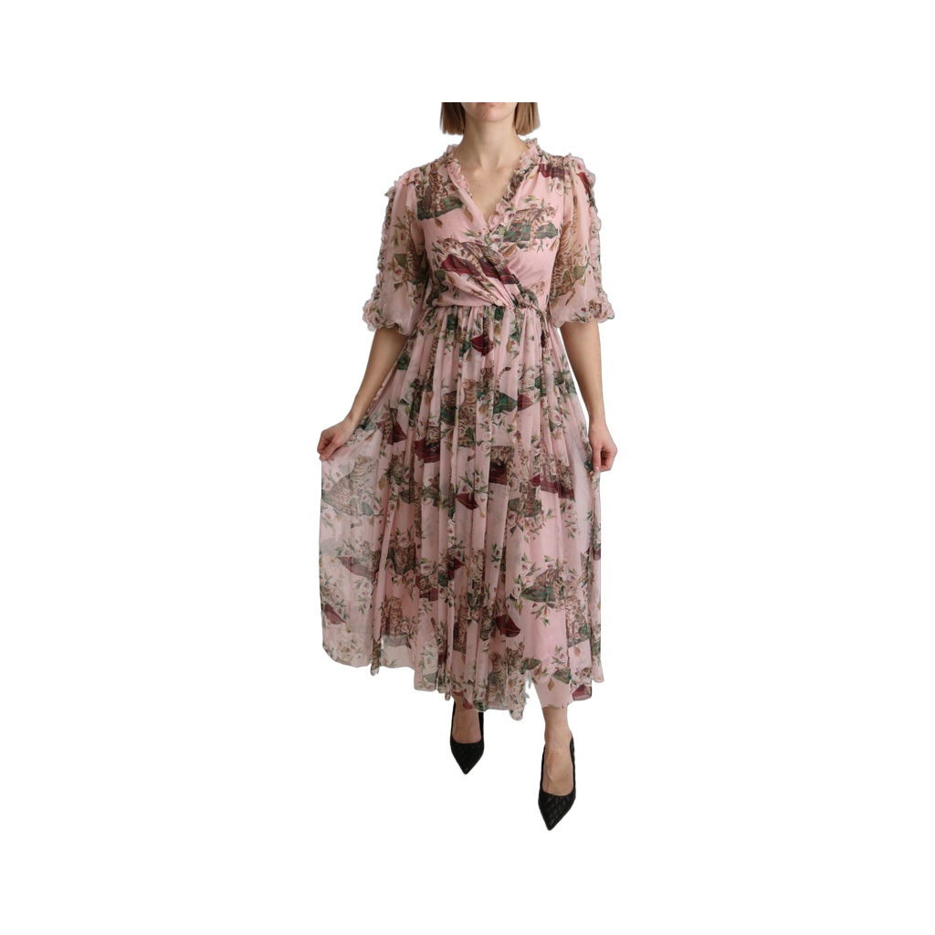 Elegant Pink Bengal Cat Print A-Line Maxi Dress