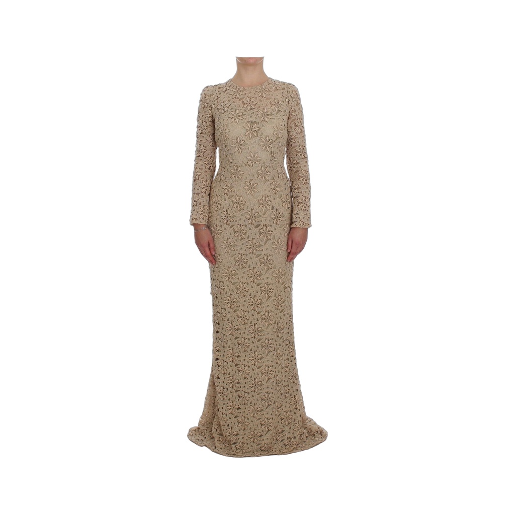 Beige Floral Lace Long Sleeve Maxi Dress