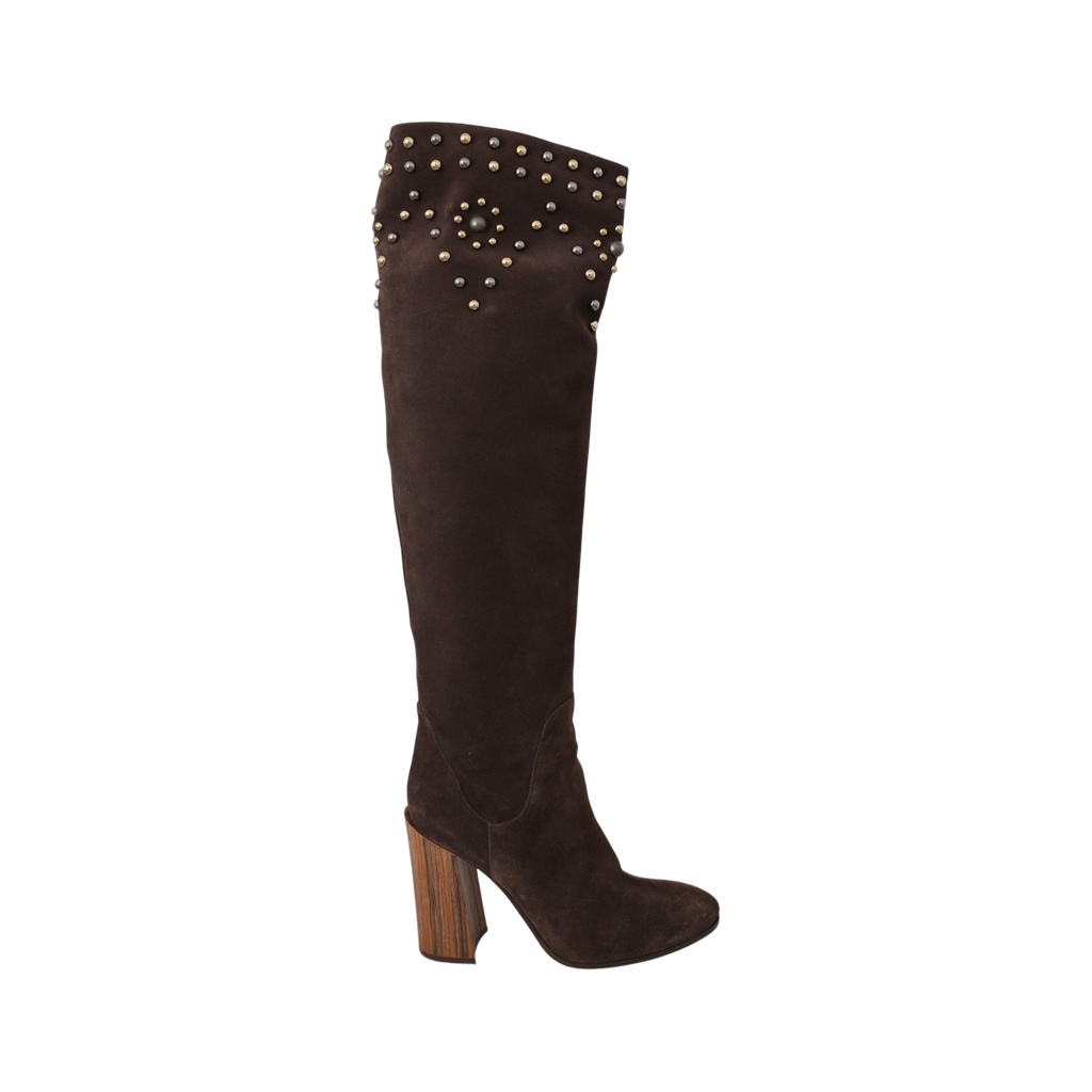 Studded Suede Knee High Boots in Brown