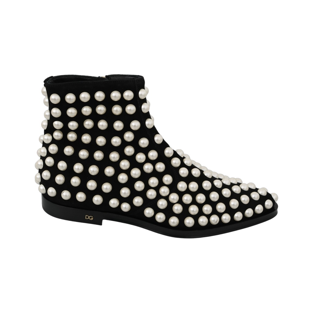 Chic Black Suede Ankle Boots with Pearls