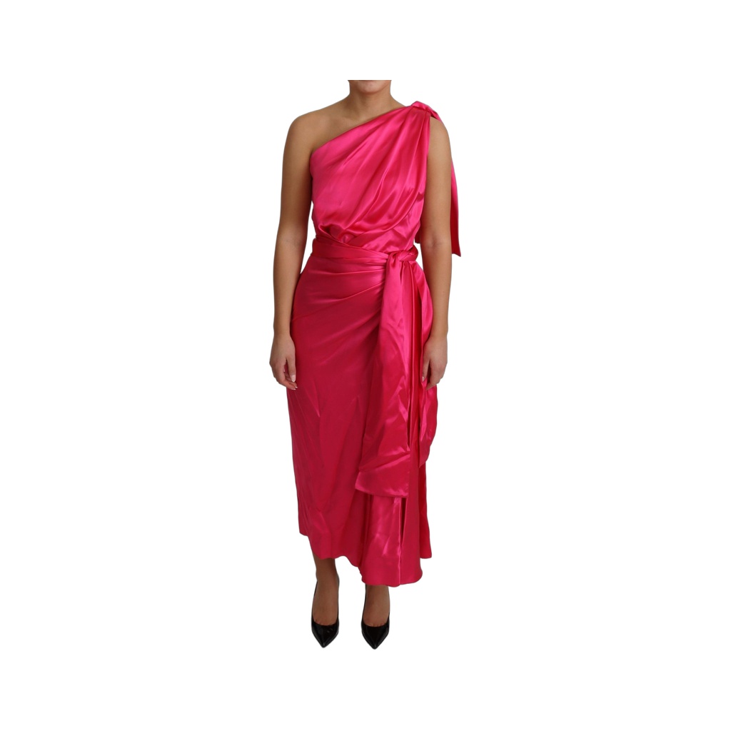 Elegant Fuchsia Silk One-Shoulder Wrap Dress