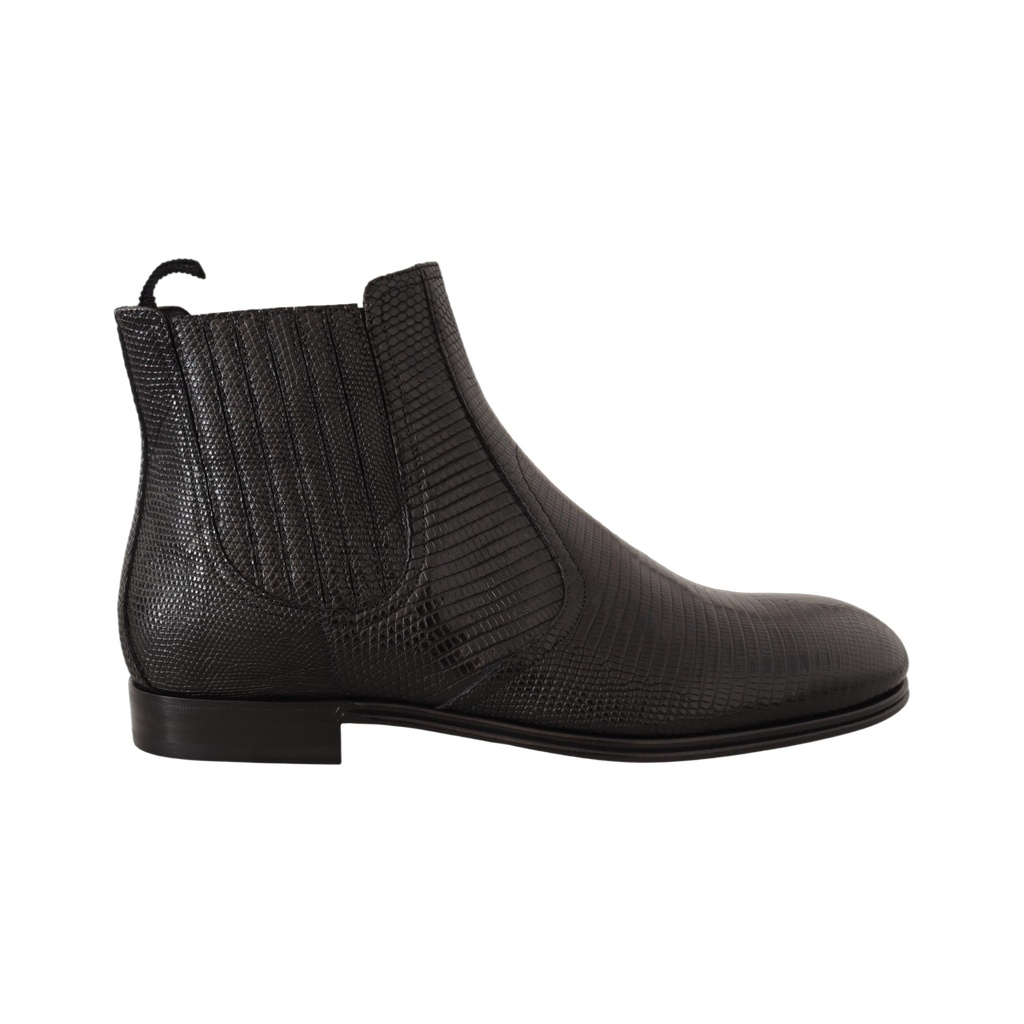 Elegant Black Leather Lizard Skin Derby Boots