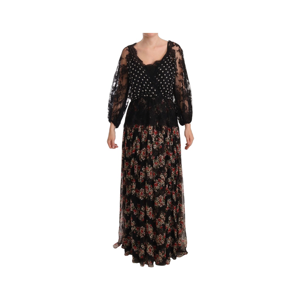 Elegant Lace Floral Maxi Dress with Polka Dots