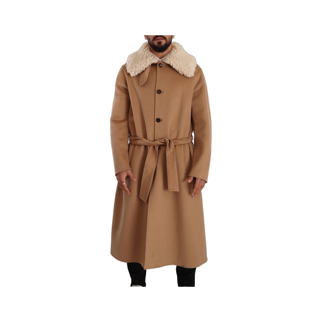 Opulent Beige Shearling-Collar Overcoat