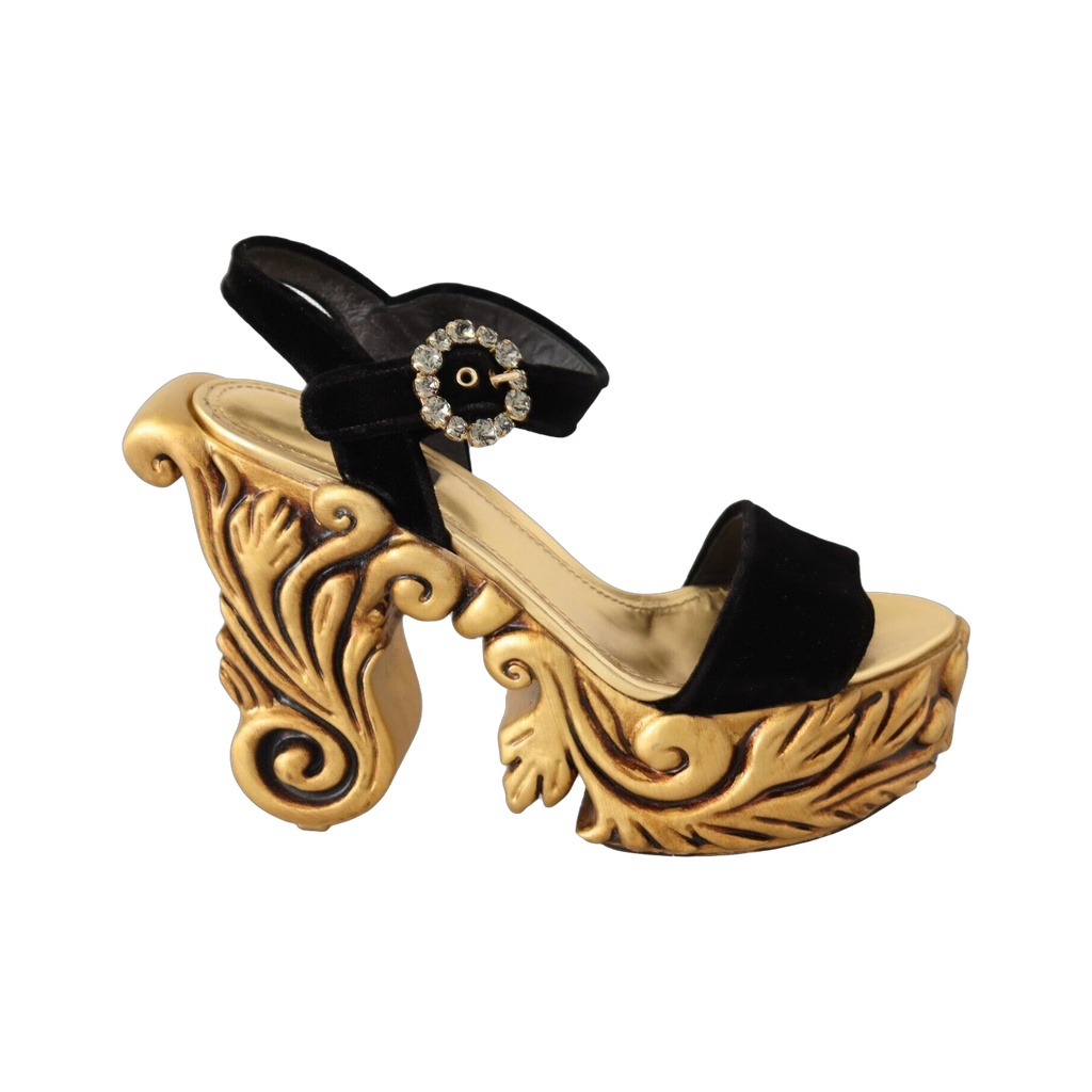 Baroque Velvet Heels in Black and Gold