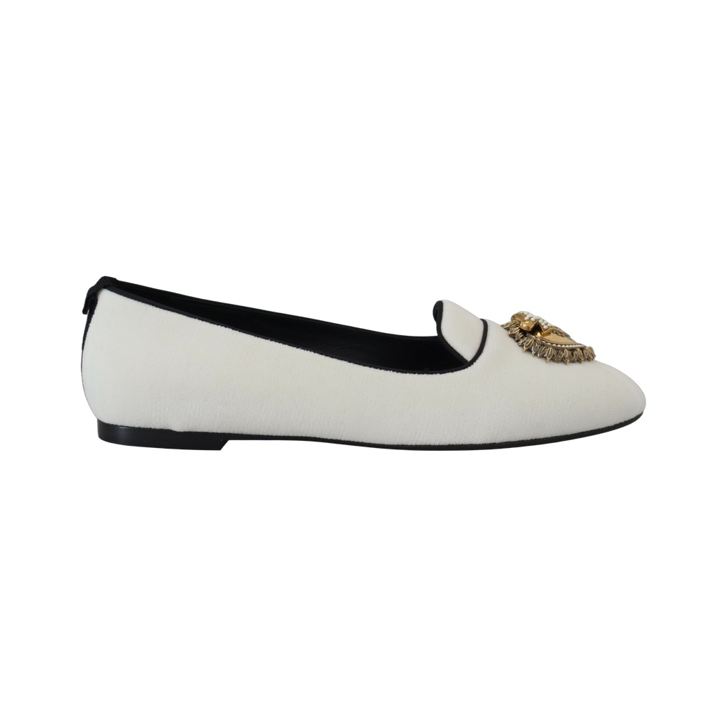 Elegant White Velvet Loafers with Gold Heart Detail