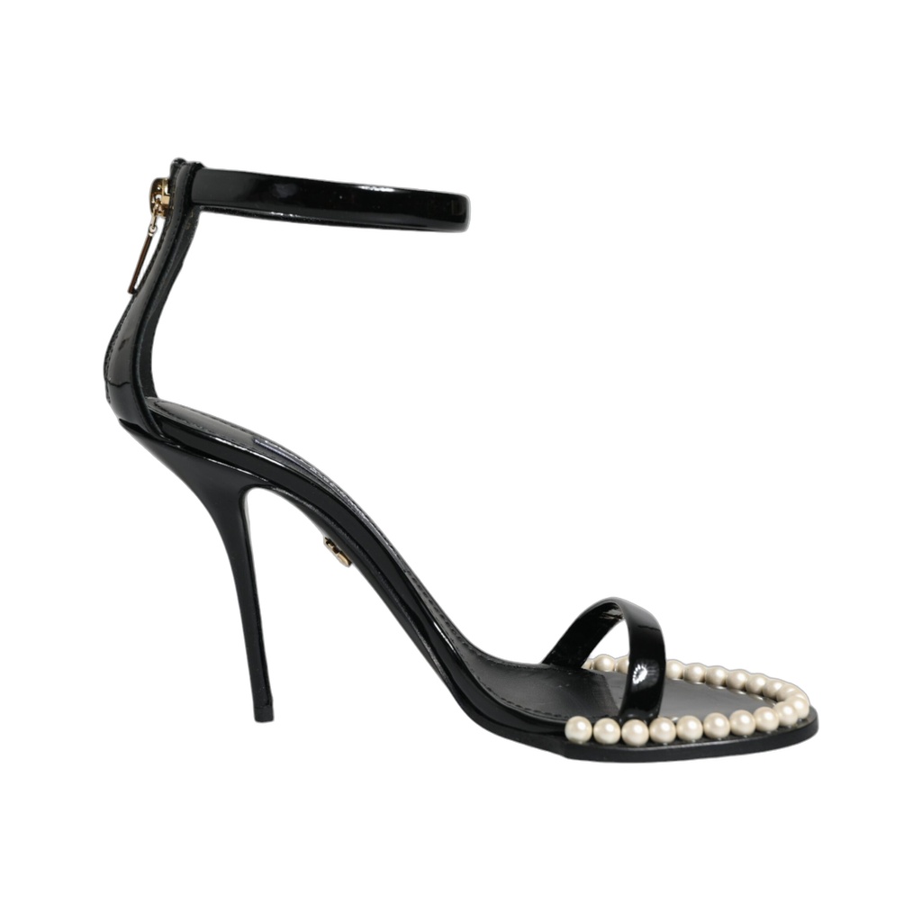 Black Keira Leather Faux Pearl Sandals Heels Shoes