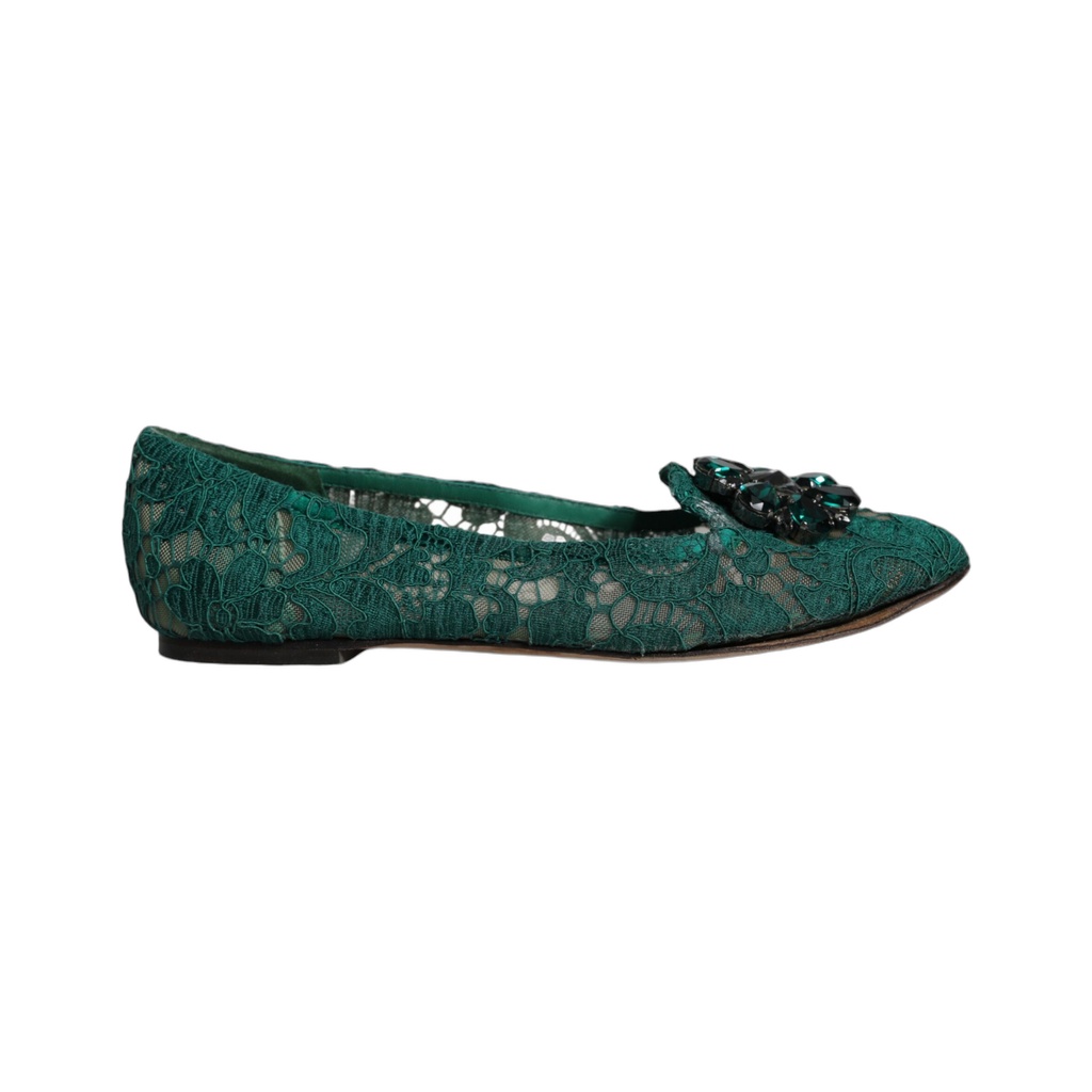 Green Lace Crystal Ballet Flats Loafers Shoes