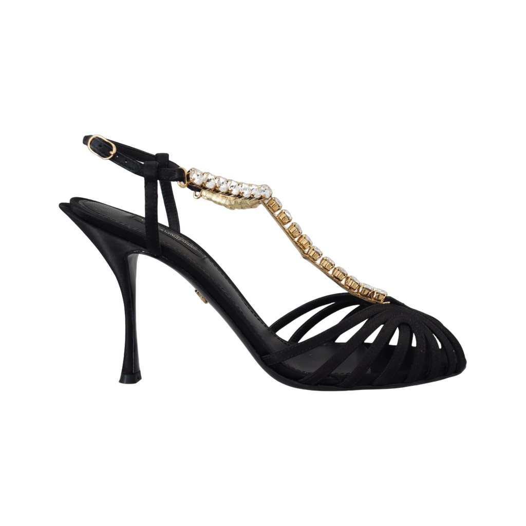 Elegant Silk Blend Crystal T-Strap Heels