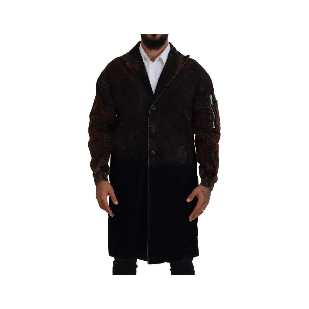 Brown Full Button Men Long Coat Cotton Jacket