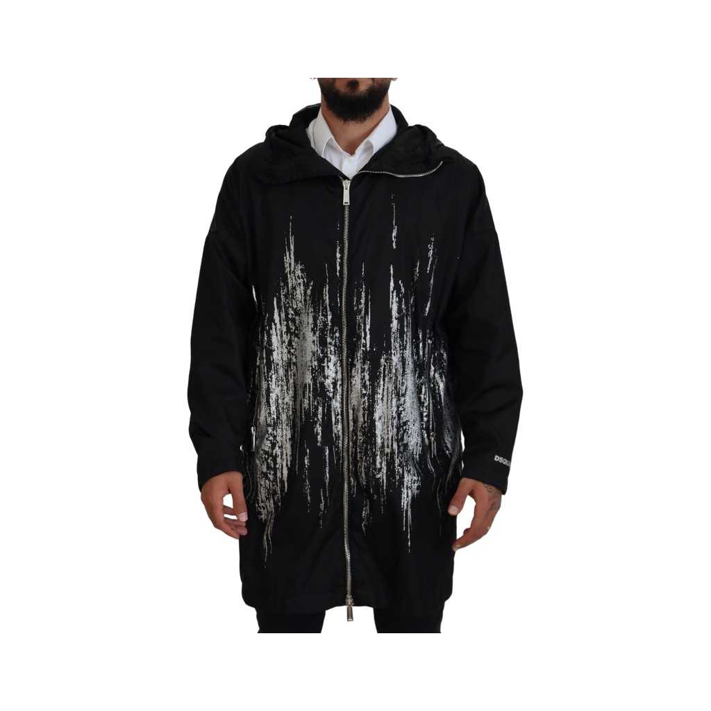Black White Print Long Hooded Coat Nylon Jacket