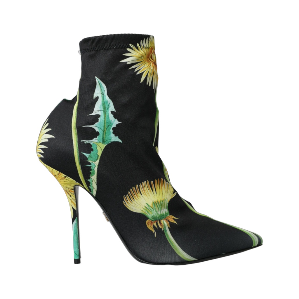 Black Floral Jersey Stretch Ankle Boots Shoes