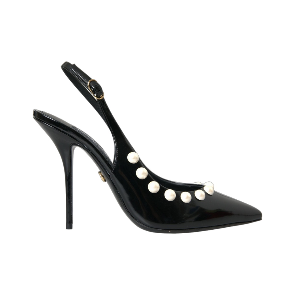 Black Leather Faux Pearl Heel Slingback Shoes