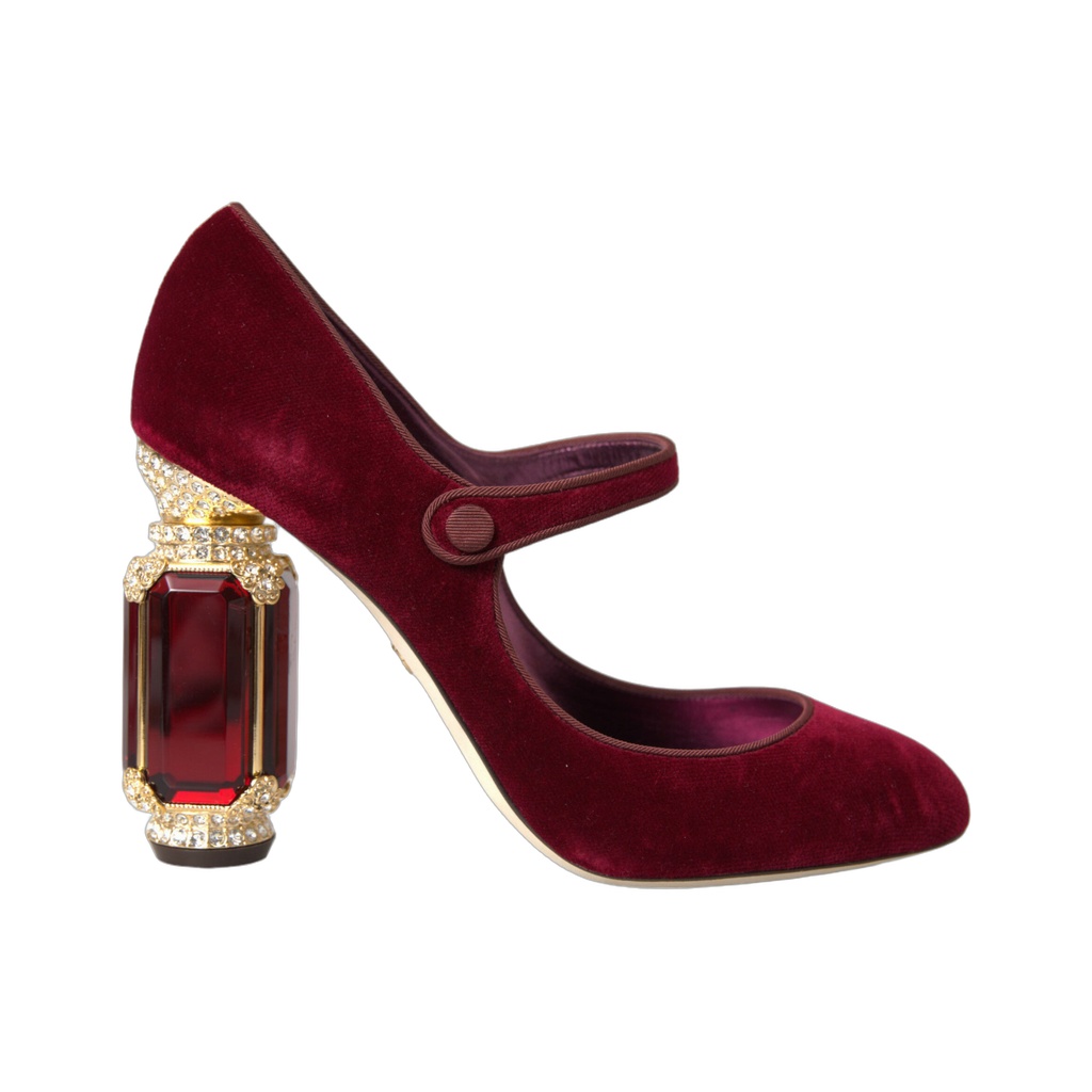 Red Velvet Gold Crystals Heels Mary Jane Shoes