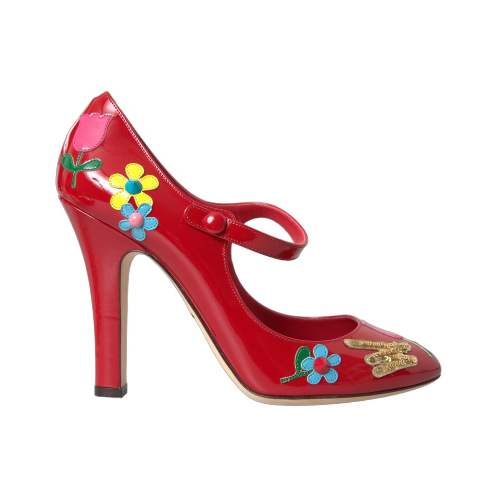 Red Leather Embellished Mary Jane Pumps Heels Shoes
