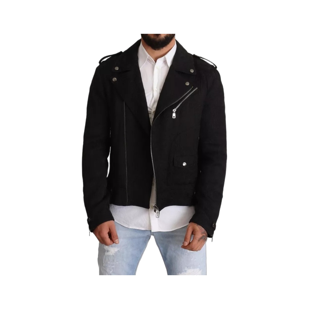 Black Brocade Full Zip Biker Coat Jacket