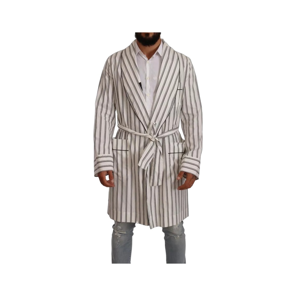 White Striped Cotton Robe Coat Wrap Jacket