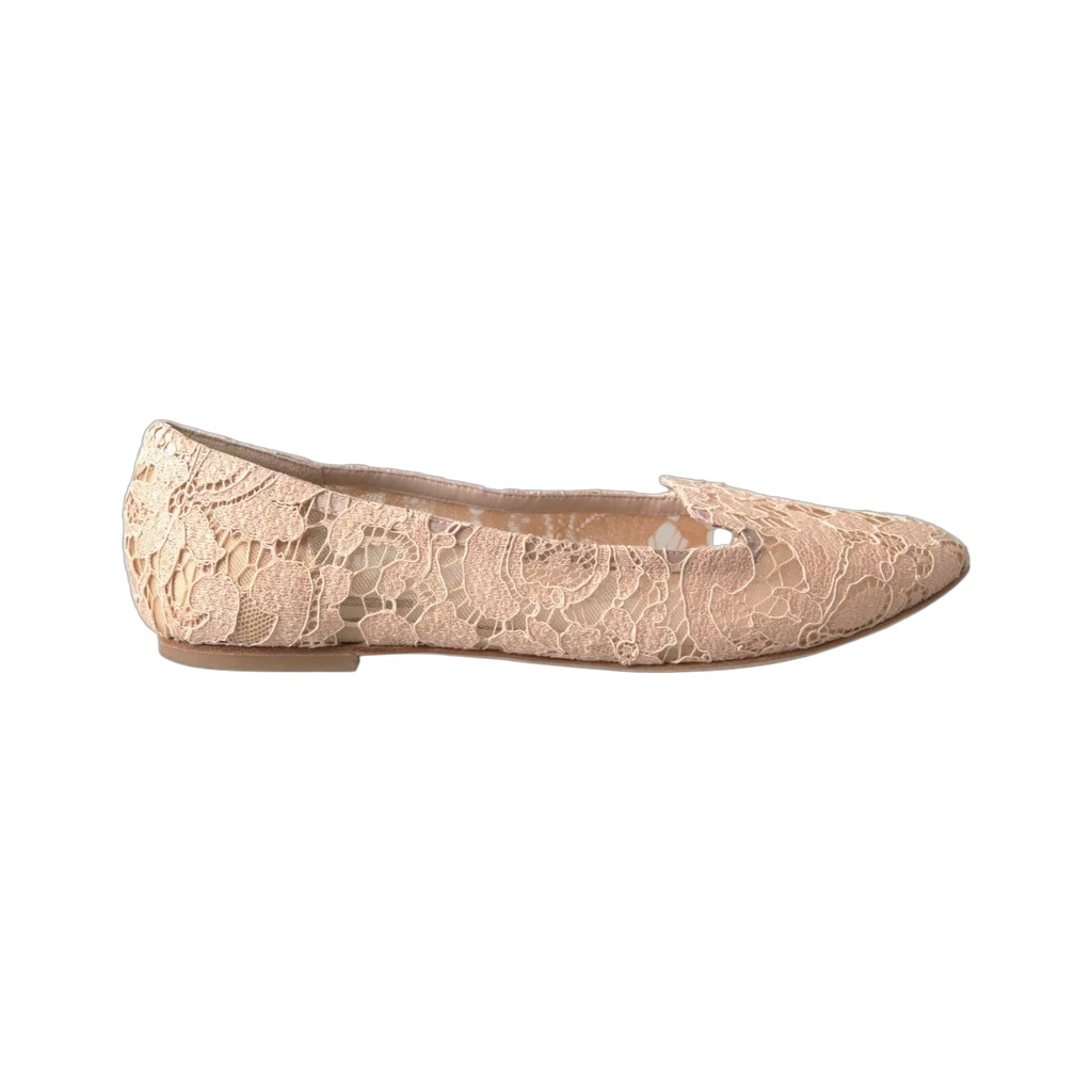 Beige Floral Lace Loafers Flats Shoes