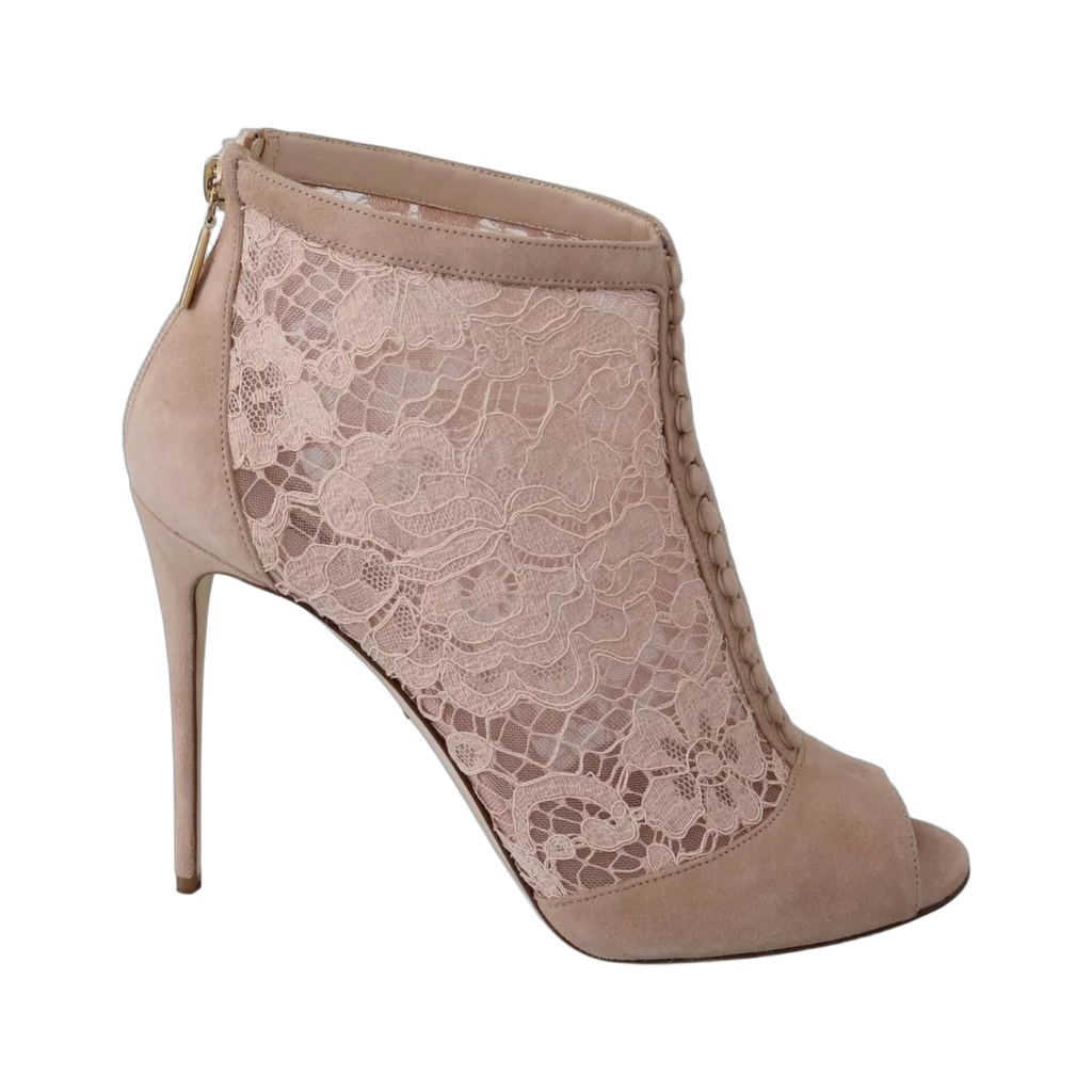 Beige Lace Suede Peep Toe Ankle Boots Shoes