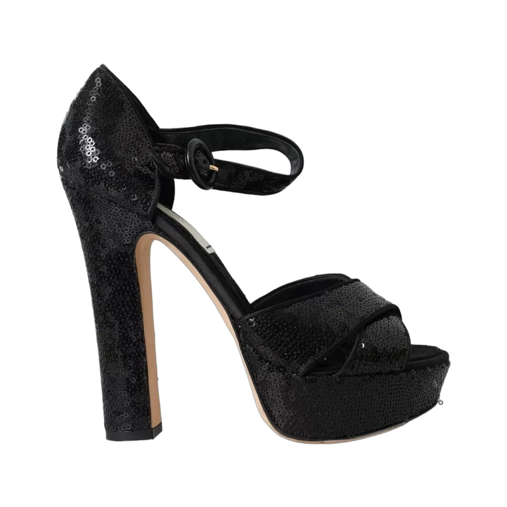 Black Sequin Ankle Strap Heels Sandals Shoes