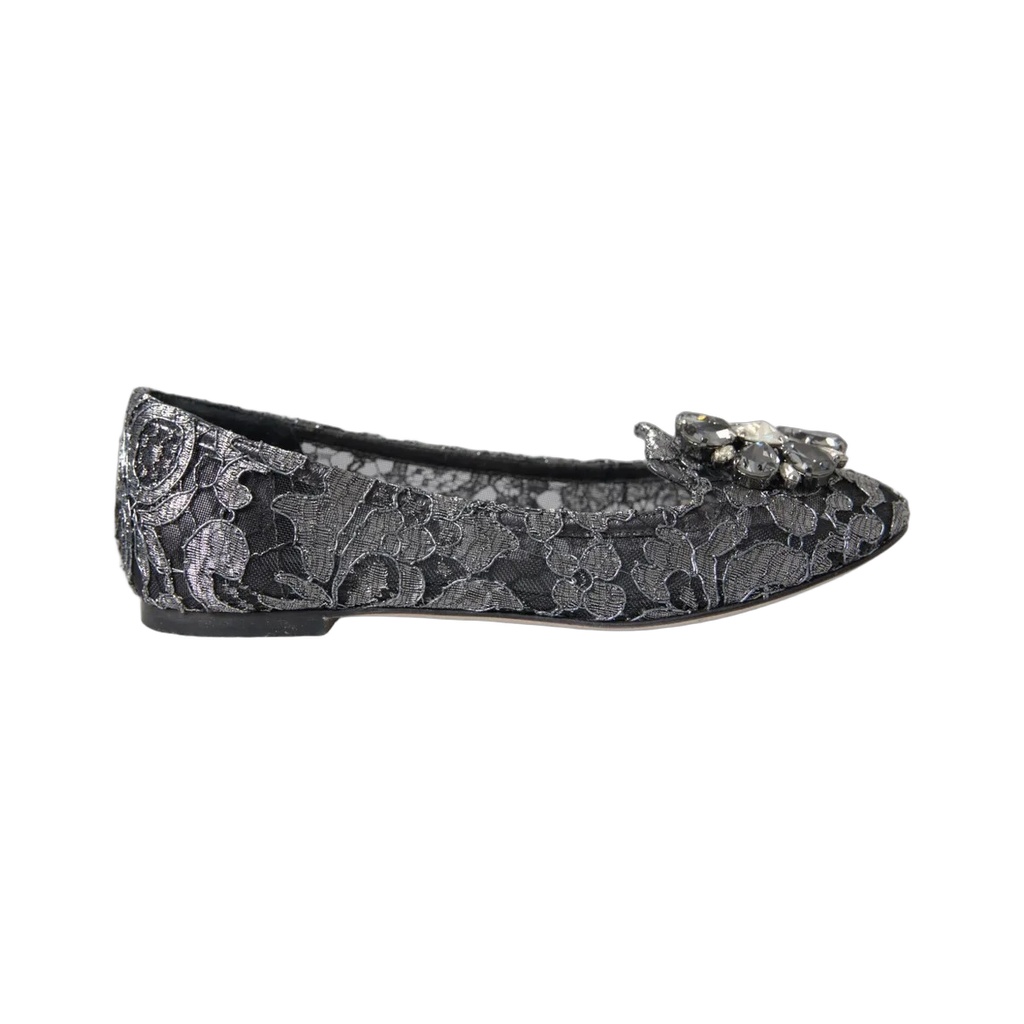 Gray Black Lace Crystal Ballet Loafers Shoes