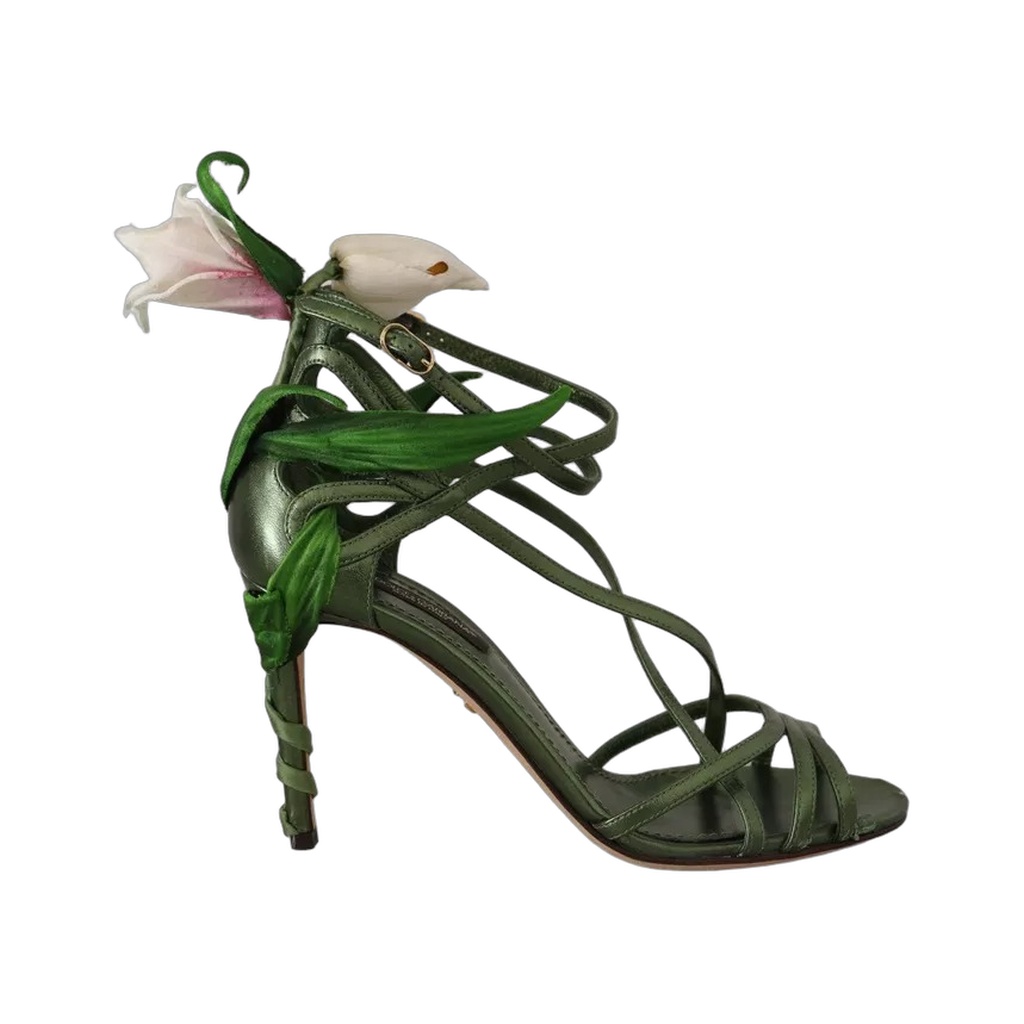 Acid Green Leather Strappy Flower Heels Sandals Shoes