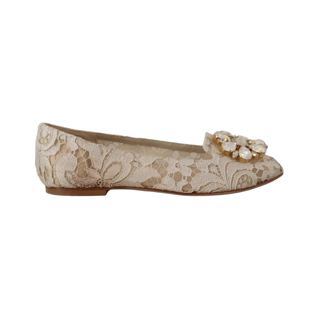 Beige Lace Crystal Ballet Flats Loafers Shoes