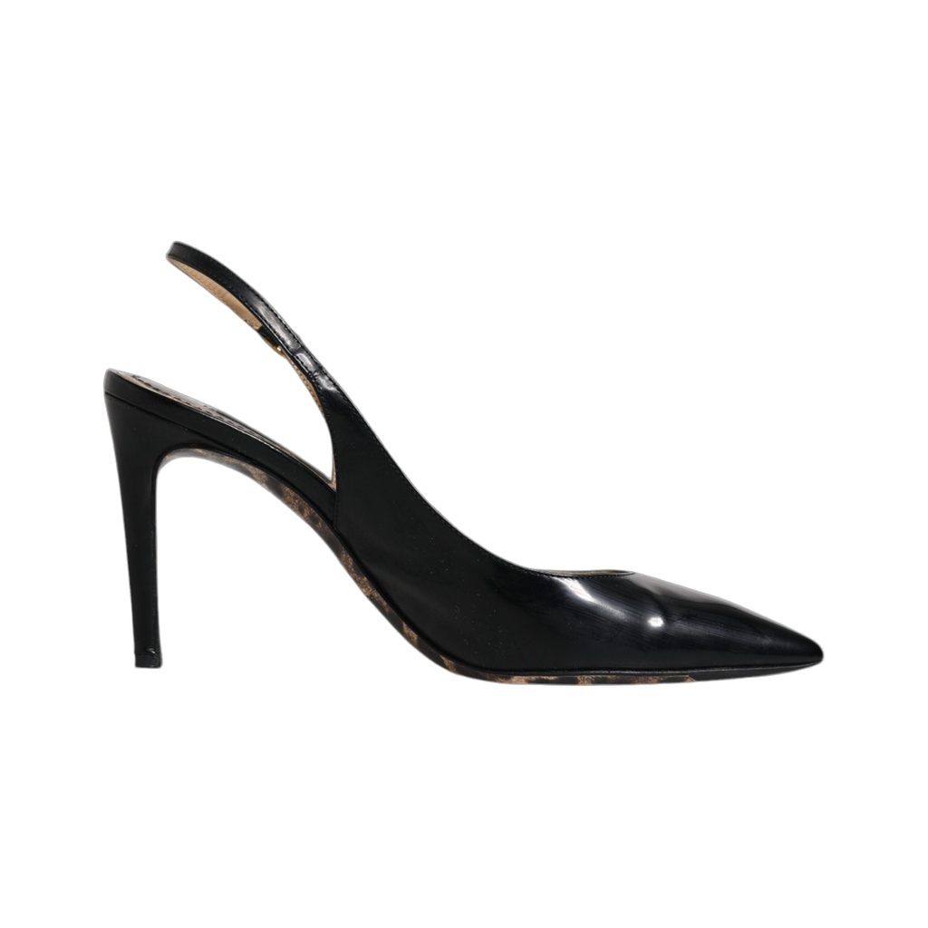 Black Leather High Heels Slingbacks Shoes