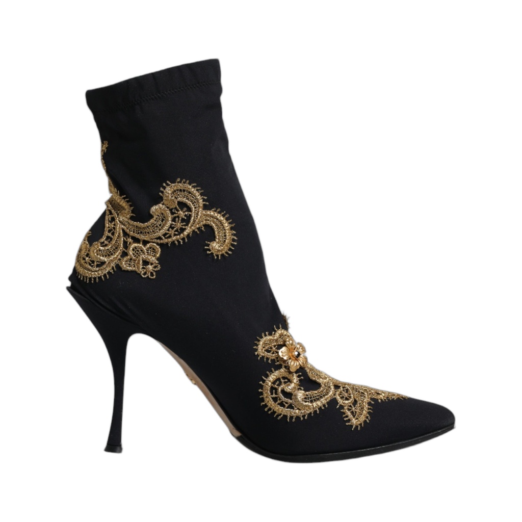 Black Gold Embroidery Slip On Boots Shoes