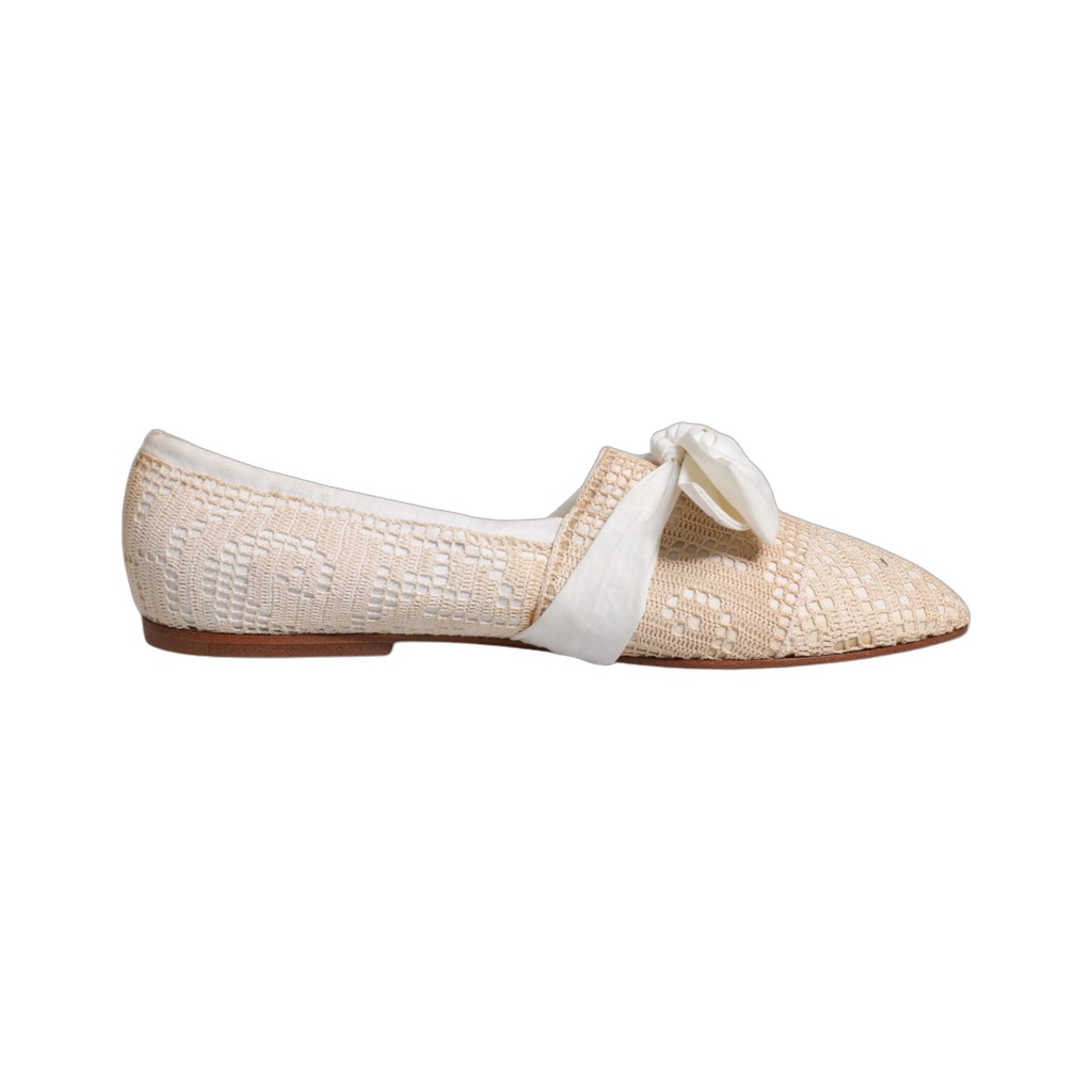 Beige Ribbon Fabric Ballerina Flats Shoes