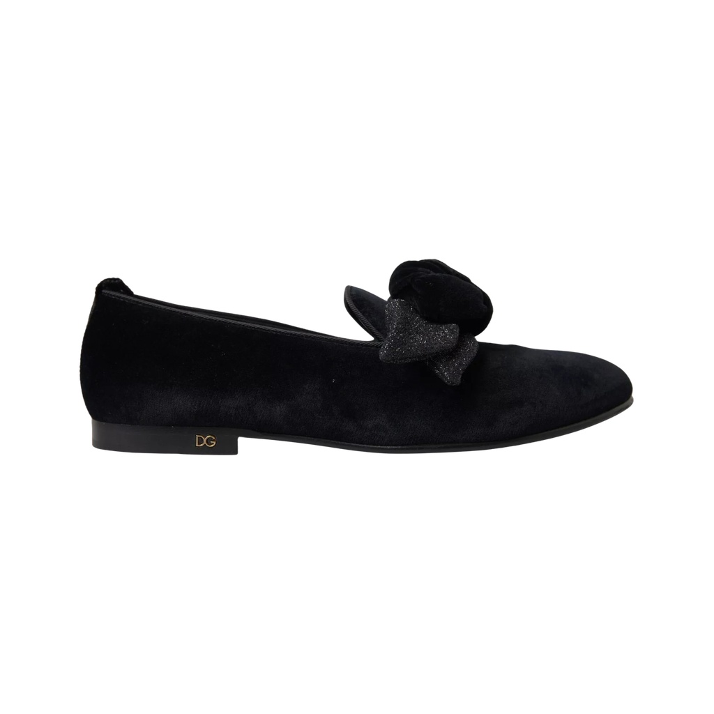 Black Velvet Flats Bow Young Queen Shoes