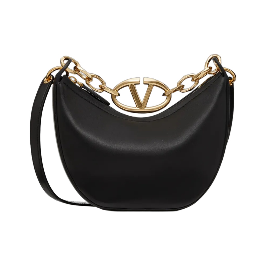 Black Leather Mini Hobo Vlogo Shoulder Bag