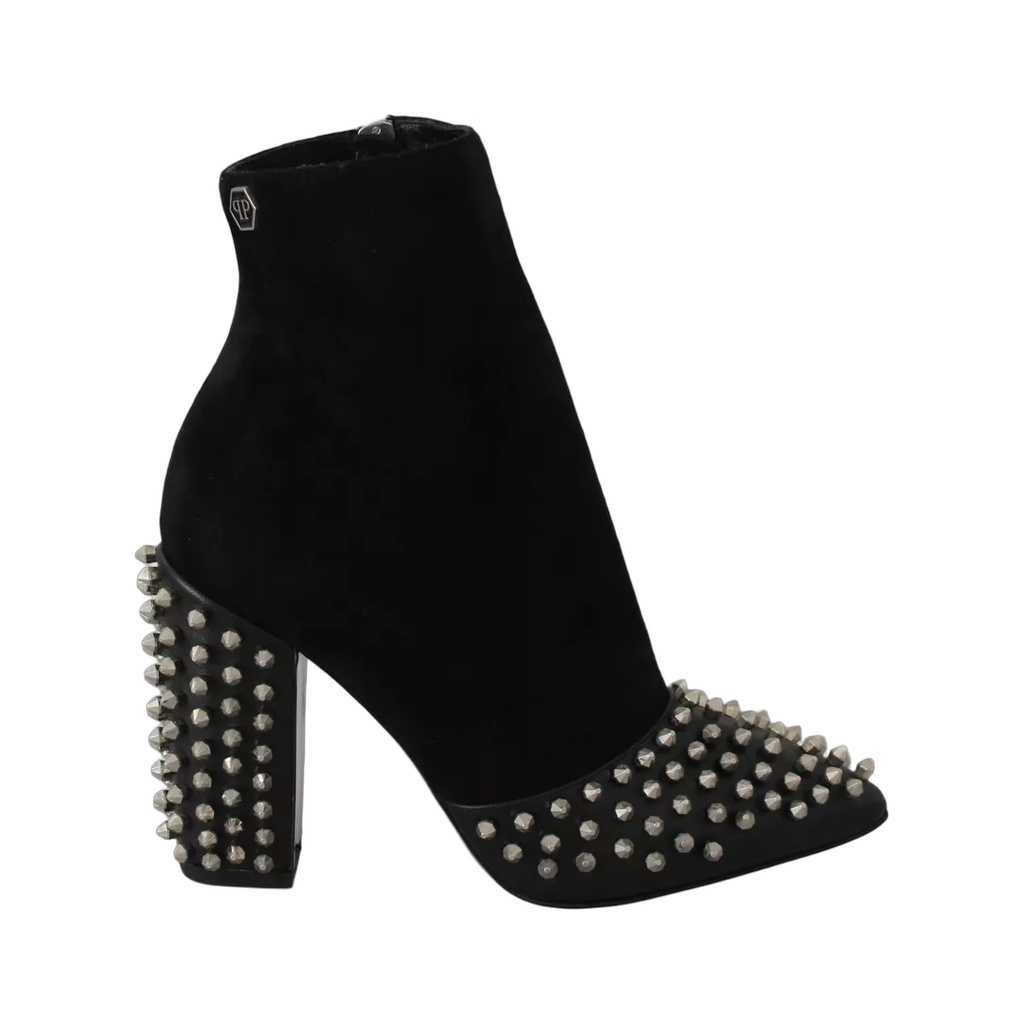 Black Suede Studded Heels Ankle Boots Shoes