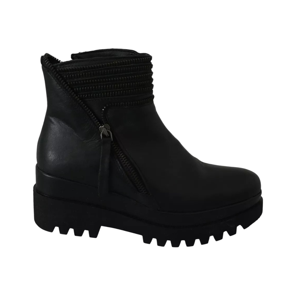 Black Leather Zipper Ankle Boots Shoes
